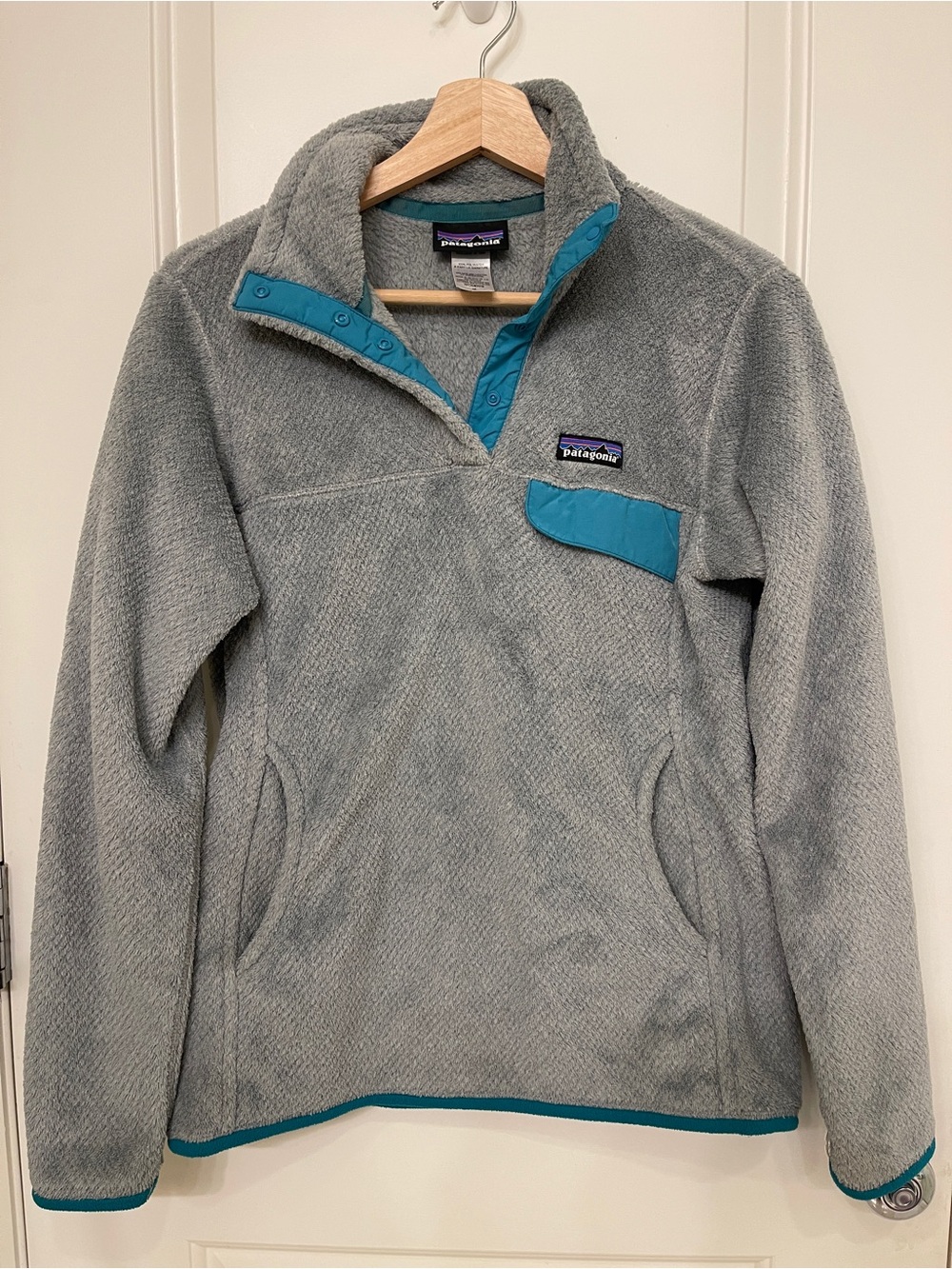 Patagonia Light Gray Fleece Pullover with Teal Accents